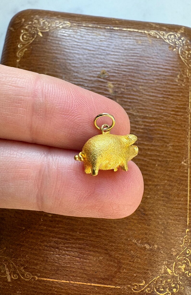 May include: A small, gold-colored pig charm with a textured surface. The charm has a loop at the top for attaching to a necklace or bracelet. The pig is shown against a brown background.
