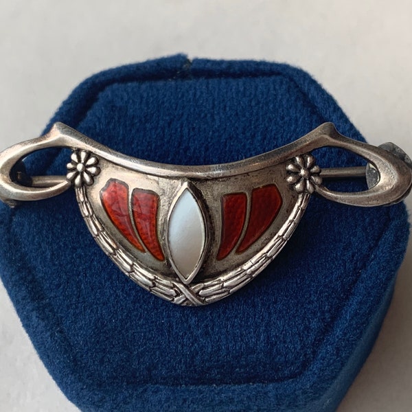 Heinrich Levinger & Bissinger Jugendstil 900 Silver Depose Red Enamel Mother of Pearl Swags Antique Art Nouveau Pin Brooch  Pforzheim