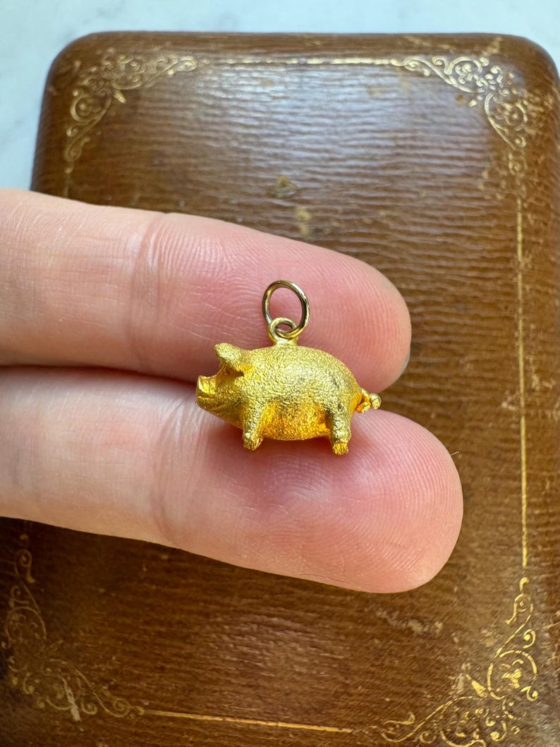 May include: A small, gold-colored pig charm with a textured surface. The pig has tiny legs, ears, and a curled tail. A small gold ring is attached to the top for hanging. The charm is held between two fingers.