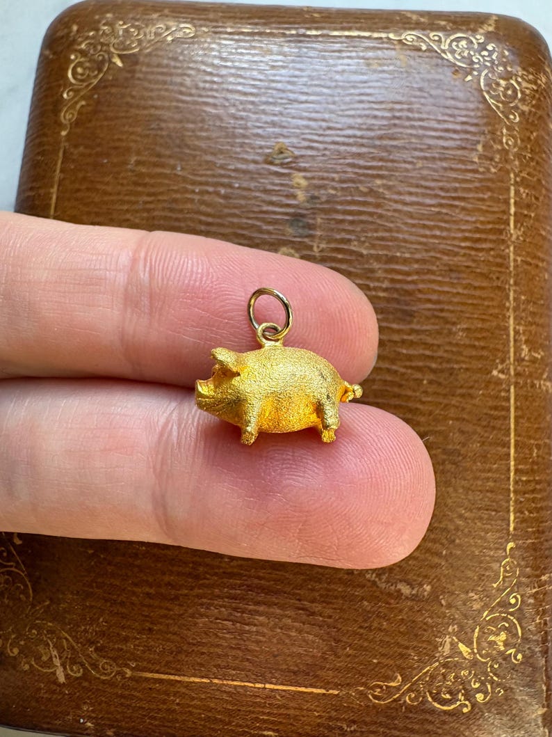 May include: A small, gold-colored pig charm with a textured surface. The charm has a loop at the top for attaching to a necklace or bracelet. The pig is shown against a brown background.