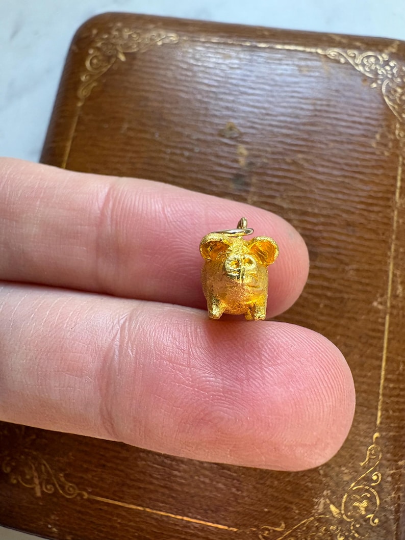 May include: A small, gold-colored pig charm with a loop for a necklace or bracelet. The pig has detailed features, including ears, snout, and legs. The charm is held between two fingers, with a brown, ornate box in the background.