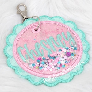 Personalized Fabric bag tag, Name tag, Embroidered name tag, Bookbag name tag, Glitter shaker name tag, Backpack tag, Luggage, Lunch box,