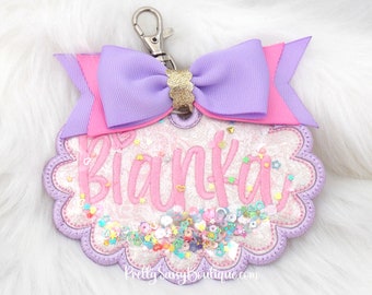 Personalized Fabric bag tag, Name tag, Embroidered name tag, Bookbag name tag, Glitter shaker name tag, Backpack tag, Luggage, Lunch box,