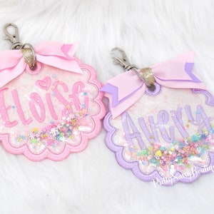 Personalized Fabric bag tag, Name tag, Embroidered name tag, Bookbag name tag, Glitter shaker name tag, Backpack tag, Luggage, Lunch box,