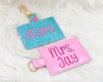 ID Holder, Personalized Bag Tag, Glitter Custom ID Holder, Vertical ID Card Case, Lanyard Accessory, School Gift, Horizontal Badge Holder