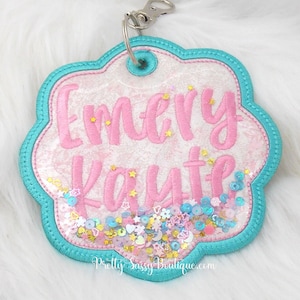 Personalized Fabric bag tag, Name tag, Embroidered name tag, Bookbag name tag, Glitter shaker name tag, Backpack tag, Luggage, Lunch box,