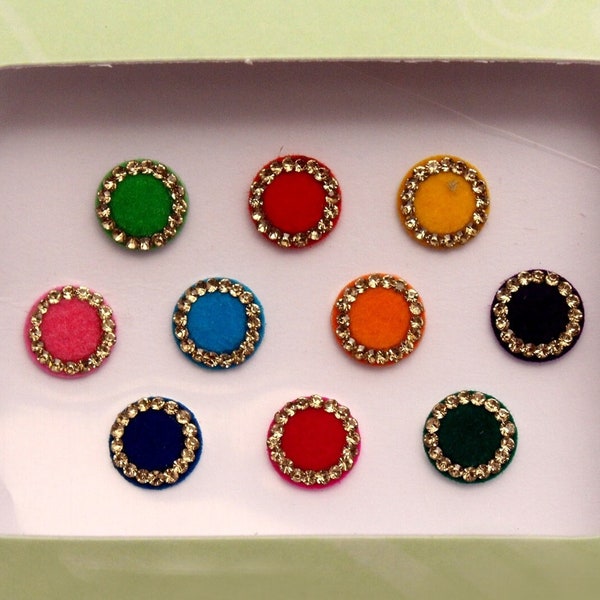 Bindis Round Plain Bridal Bindis With Gold Stones ,Velvet Multicolor Bindis,Colorful Face Bindis,Bollywood Bindis,Self Adhesive Stickers