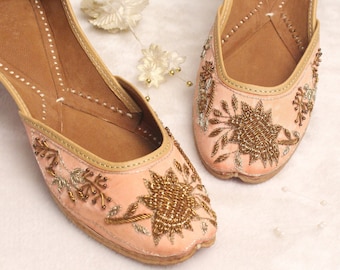 Handgemachte Pfirsich Braut Schuhe - Jutti Schuhe: Gold Bestickt Hochzeit Schuhe (US Größe 5)