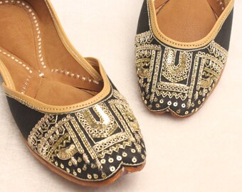 Handmade Black Jutti Shoes: Gold Embroidered Indian Wedding Flats