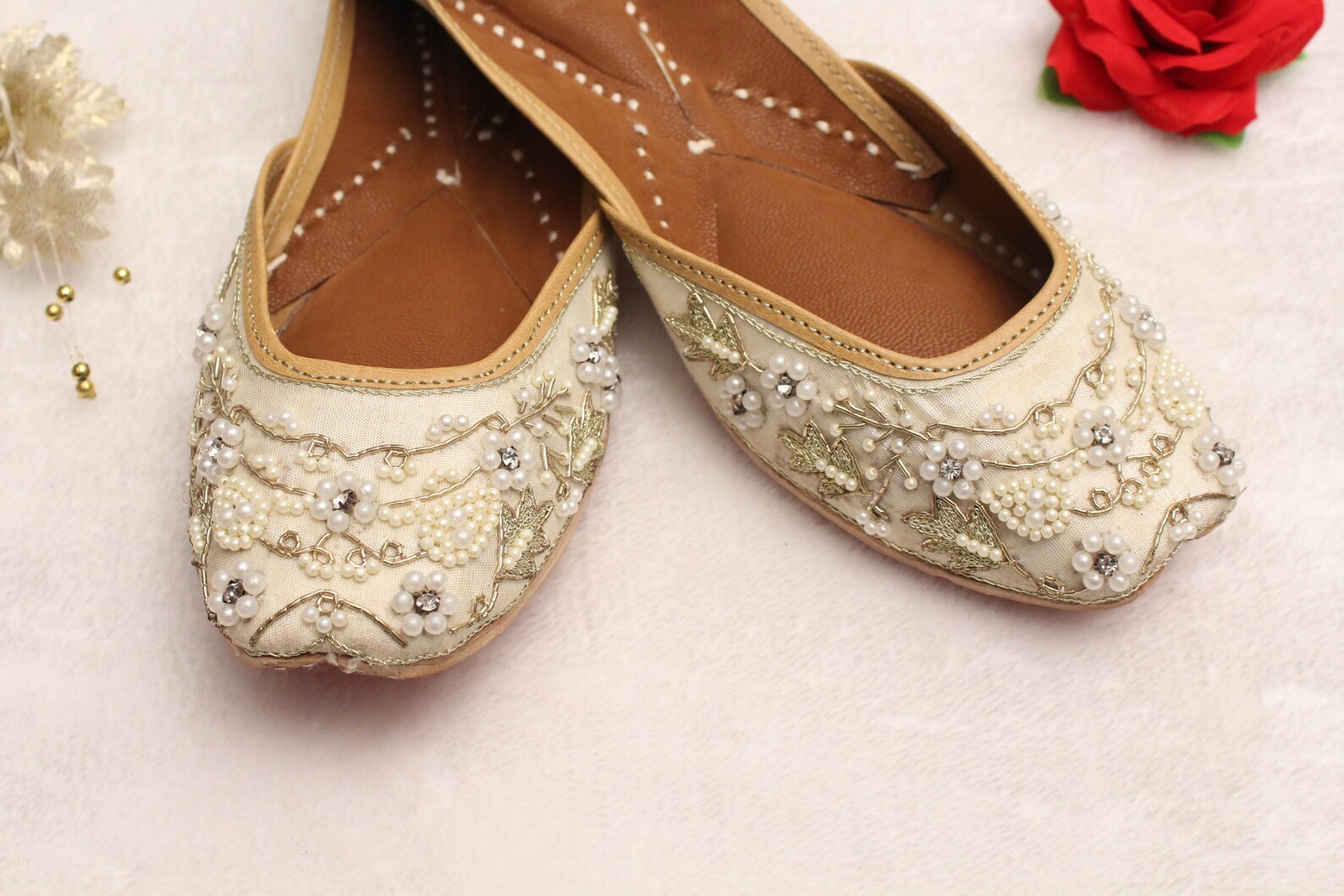 women bridal wedding shoes/indian gold white pearl shoes/gold wedding flats/gold ballet flats/jasmine khussa shoes/rani shoes us