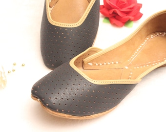 Black Leather Jutti Shoes: Indian Slip-Ons, Bridal Flats