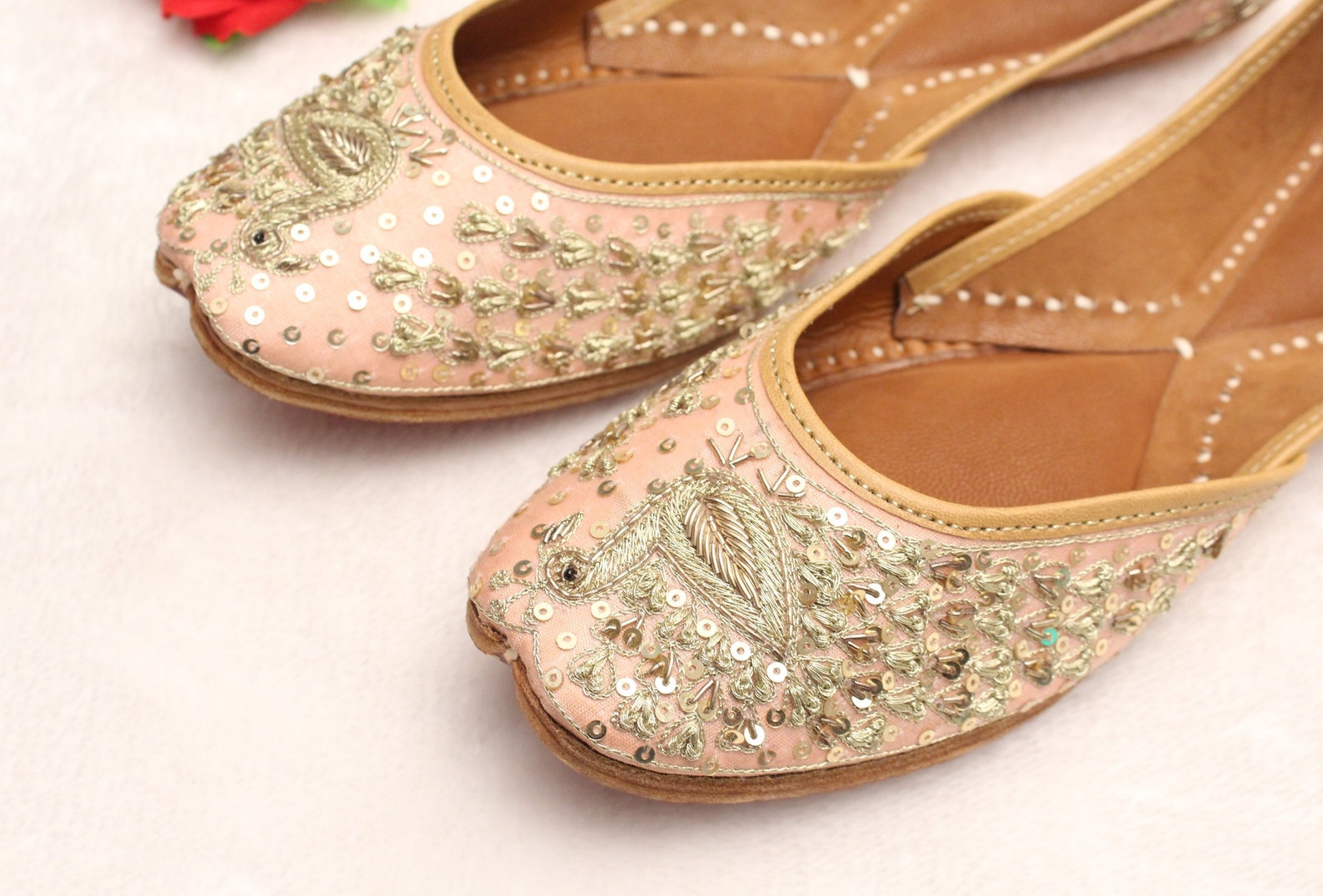indian bridal wedding shoes/peacock women peach lehnga gold jutti shoes/ wedding flats ballet /khussa shoes/punjabi shoe us wome