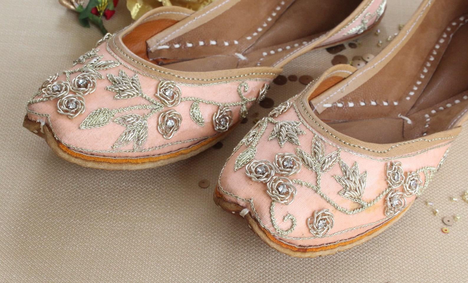 indian bridal wedding shoes/bollywood women peach lehnga gold jutti shoes/gold wedding ballet flats/khussa punjabi shoes us size