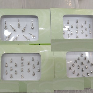 Silber Bindis Gesichtsaufkleber, Hochzeit Bindis, Stein Bindis, Indien Bindis, Bindis, lange Bindis, selbstklebende Aufkleber / silberne Gesichtsjuwelen