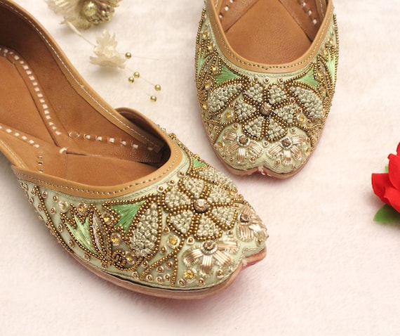 Indian Bridal Wedding Shoes Women Pastel Green Lehnga Gold Etsy