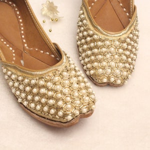 US size 4.5 Women Bridal Wedding Shoes/Indian Gold Pearl Shoes/Gold Wedding Flats/Gold Ballet Flats/Jasmine Khussa Shoes/Rani Shoes