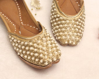 US size 4.5 Women Bridal Wedding Shoes/Indian Gold Pearl Shoes/Gold Wedding Flats/Gold Ballet Flats/Jasmine Khussa Shoes/Rani Shoes