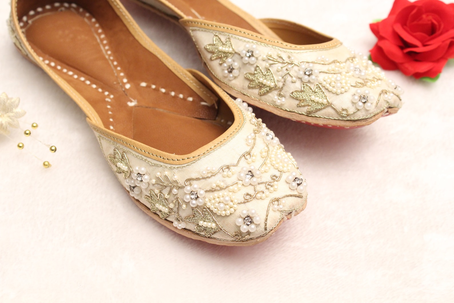 women bridal wedding shoes/indian gold white pearl shoes/gold wedding flats/gold ballet flats/jasmine khussa shoes/rani shoes us