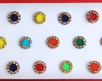 Small Round Colored Velvet Bollywood Bindis,Round Bindis,Velvet Colorful Bindis,Multicolor Face Jewels Bindis,Self Adhesive Stickers