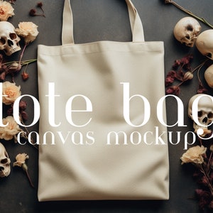 Mockup di borsa in tela di Halloween Mockup di borsa in cotone beige Mockup di borsa della spesa spettrale Goth Witchy Mockup di borsa di Goblincore