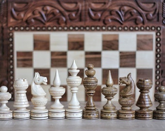 Art deco chess set Handmade wooden chess pieces maple and walnut Hand carved pieces and case