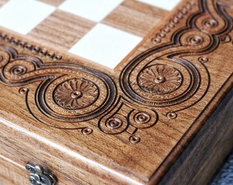 Wooden hand carved chess backgammon set 3 in 1, Large chess board wood, Сhess board set with storage, Chess lover gift, Luxury chessboards