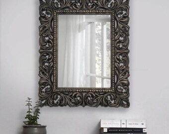 Carving wooden mirror large Mid Century Modern mirror for wall décor, Ornate wall mount mirror, Contemporary decorative wall mirrors