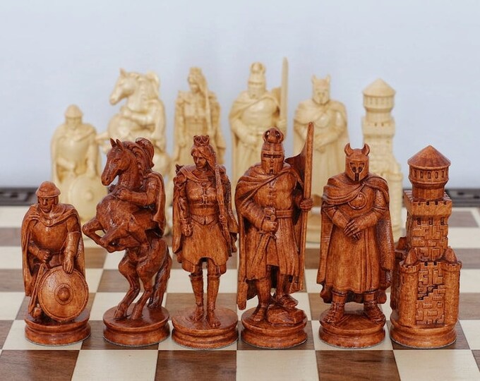 Houtsnijwerk schaakstukken met doos, verzwaarde met de hand gesneden schaakstukken en koffer, handgemaakte houten schaakstukken
