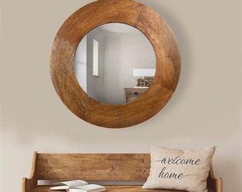 Classic round mirror, Ornate small Wall Mount Mirror Contemporary wall mirrors decorative, Carving wooden mirror, Hand carved rustic mirror