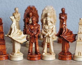 Wood carving chess pieces with box, Weighted chess set Handmade wooden chess pieces and case Original Hand carved chess set pieces