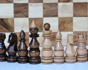 Classic Wood carving chess pieces, Hand carved chess pieces and case Wood chess Pieces, Chunky chess pieces