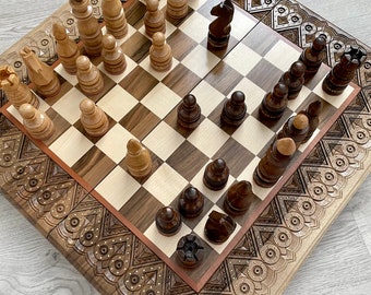 Hand carved chess table board set with storage, Chess lover gift, Luxury chessboards, Large chess set wood, Wooden chess board set