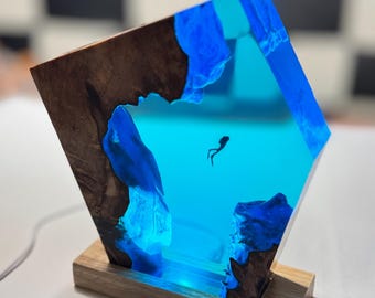 Ocean Resin Lamp: Diver & Volcano - Walnut Wood Pentagonal Decor