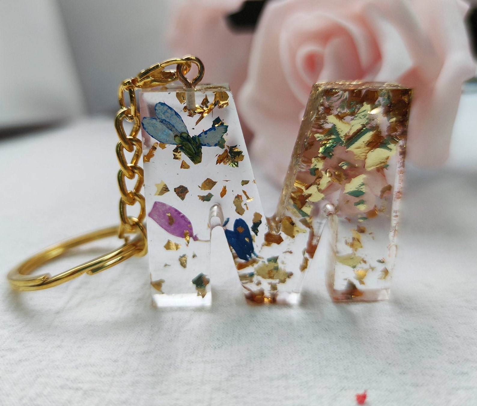 Epoxy Resin Letter Keychain Personalized Keychain Flower Etsy