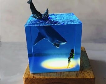 Diver and Shark Resin Lamp – Handmade Ocean-Themed Night Light, Birthday/Christmas Gift for Children