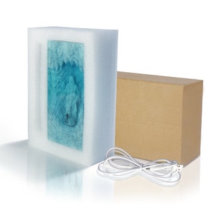 May include: A blue and white 3D printed light-up sculpture of a person standing in a frozen landscape. The sculpture is packaged in a white foam box with a brown cardboard box and a white USB cable.