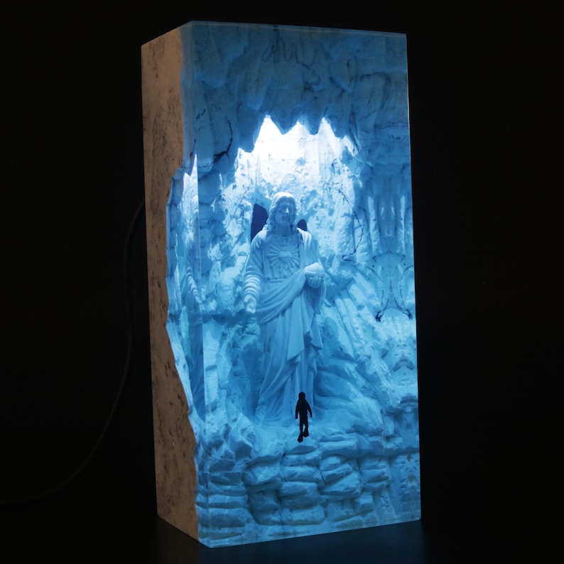 Patina Blue Jesus Resin Lamp, Religious Gift for Grandma, Christian Faith Art, Easter Decor image 1