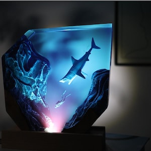 Handmade Tiger Shark Resin Night Light: Scuba Diver Ocean Lamp