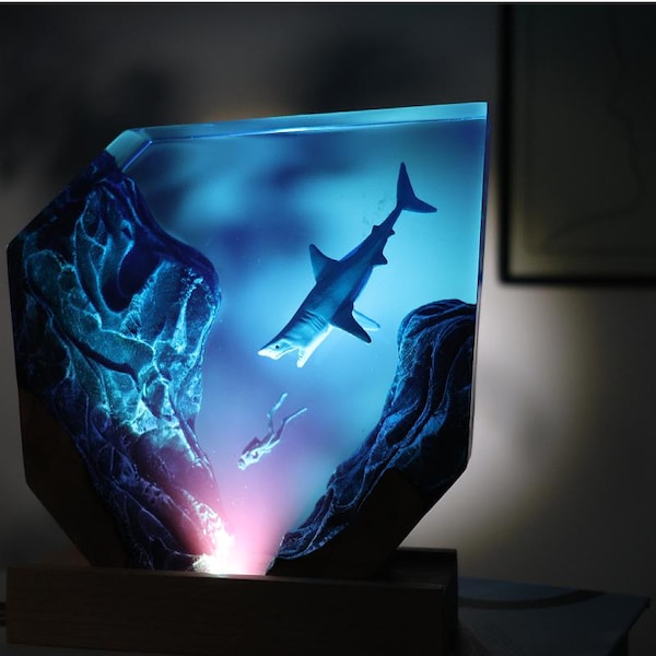 Handmade Tiger Shark Resin Night Light: Scuba Diver Ocean Lamp