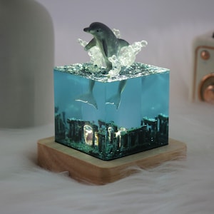 May include: A clear resin cube with a dolphin figurine jumping out of the water. The cube is on a wooden base and has a blue and green tint. The dolphin is gray and has a white belly.