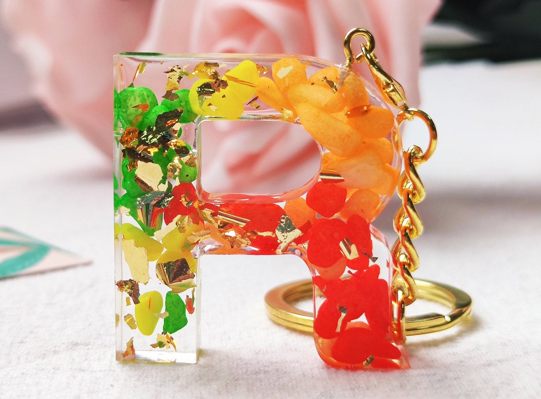 Epoxy Resin Letter Keychain Personalized Keychain Flower Etsy