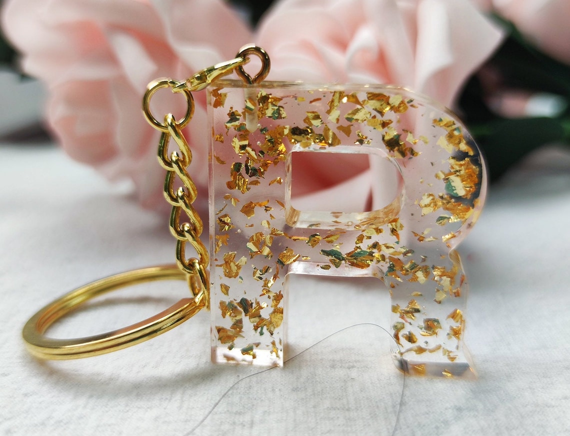 Epoxy Resin Letter Keychain Personalized Keychain Flower Etsy