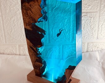Coastal Christmas Diver Art: Handmade Ocean Scene with LED Light