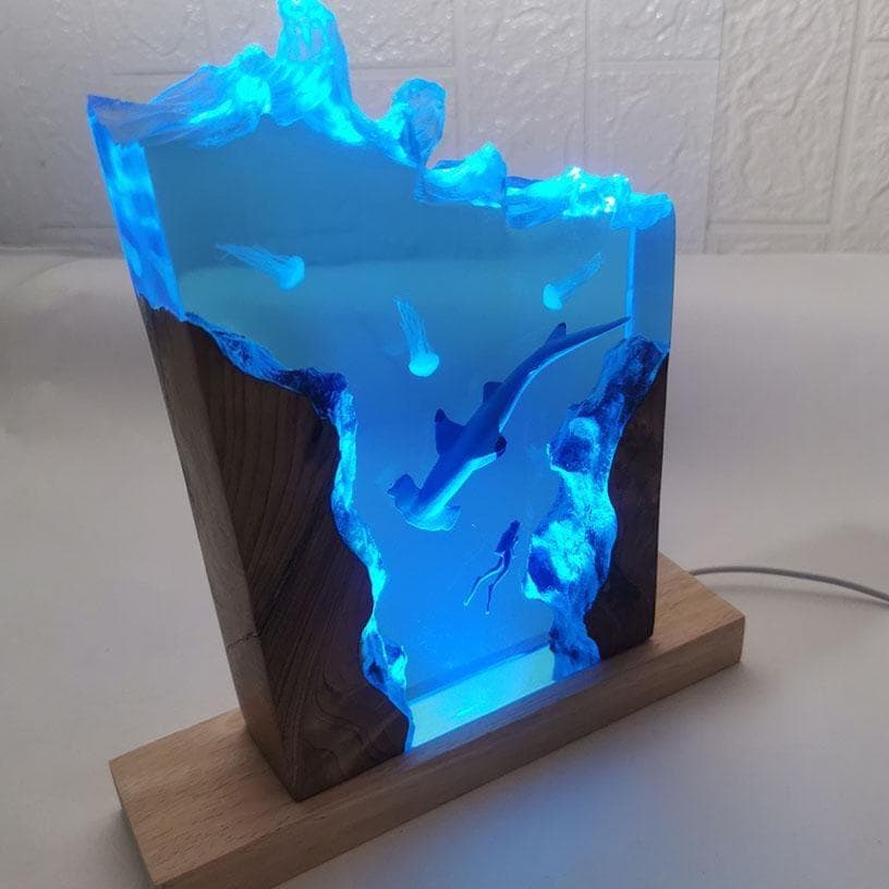 Hammerhead Shark Night Light: Wood & Resin Ocean Scene
