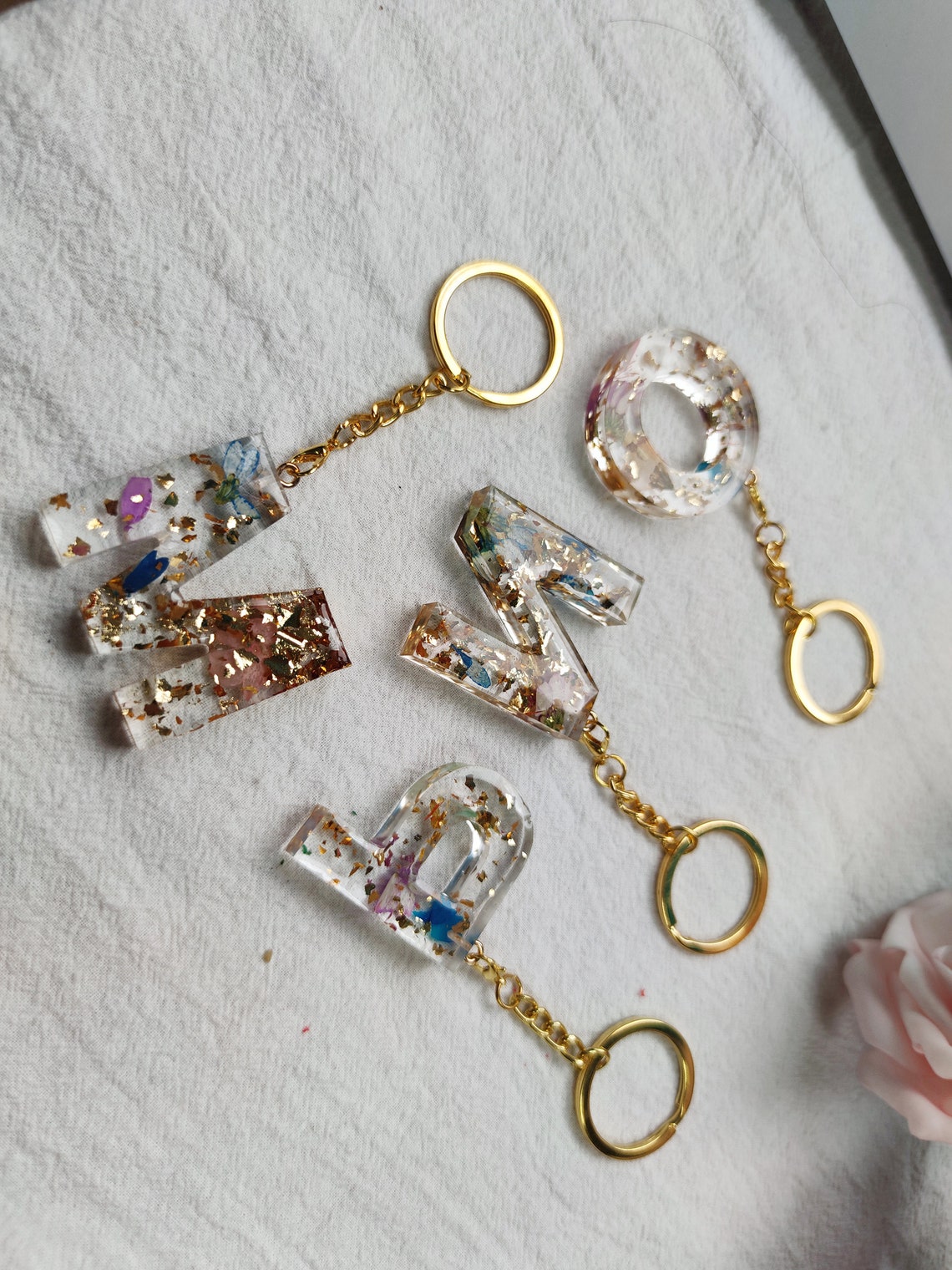 Epoxy Resin Letter Keychain Personalized Keychain Flower Etsy