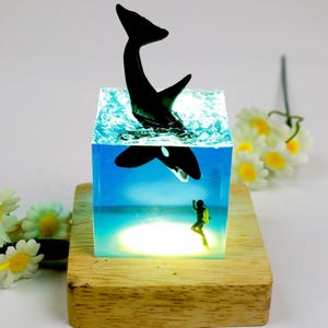 Handmade Orca Resin Keepsake Light – Walnut & Ocean Glow Accent, Diver-Inspired Summer Gift for Son or Friend, Nautical Room Decor