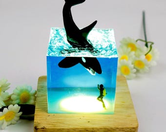 Handmade Orca Resin Light: Walnut Wood & Ocean Glow, Diver Gift