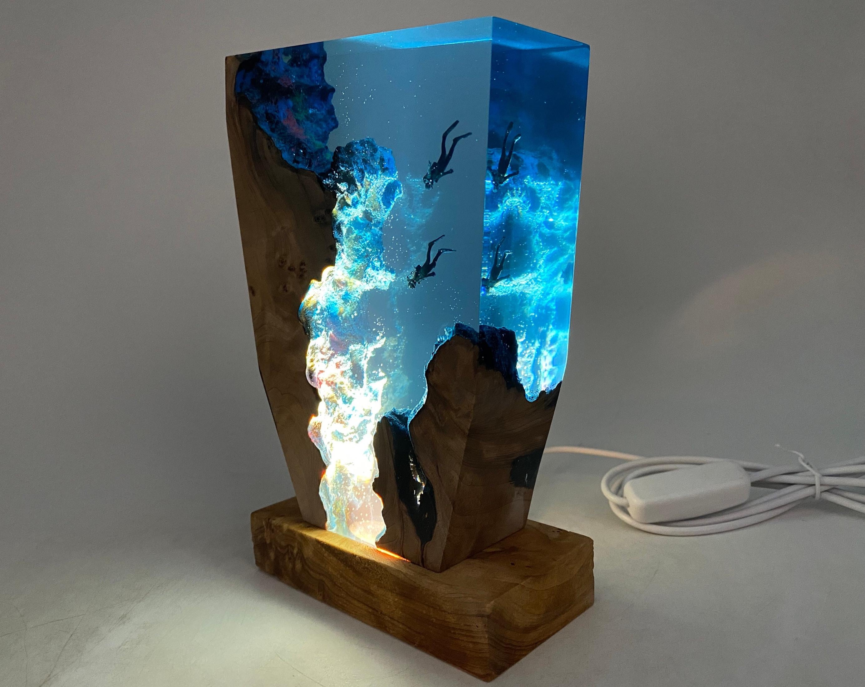 Resin Lamp: Couple Divers, Glowing Plants - Walnut Ocean Light