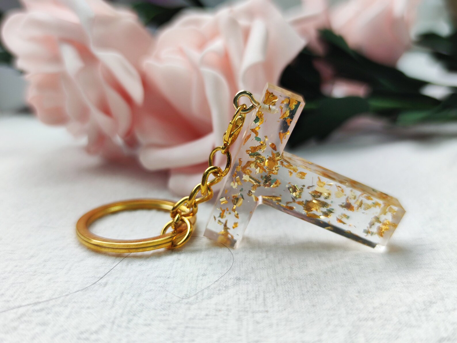 Epoxy Resin Letter Keychain Personalized Keychain Flower Etsy