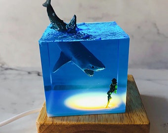 Diver & Shark Resin Lamp – Handmade Ocean Night Light, Birthday Gift for Grandson or Nephew